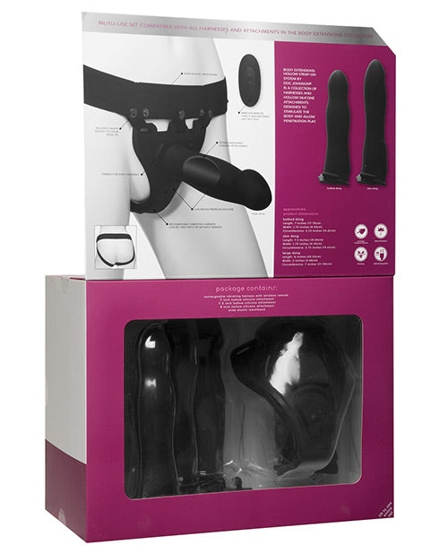 The packaging for the Be Naughty Vibrating 4 Piece Strap On Set | Kinkly Shop
