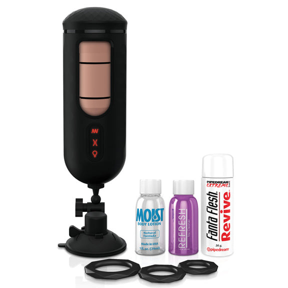 PDX Elite Vibrating Mega Milker shown with everything it comes with. It has a TPE revival powder, toy cleaner, lube, multiple cock rings, the suction cup attachment, and the PDX Elite Vibrating Mega Milker stroker itself. | Kinkly Shop