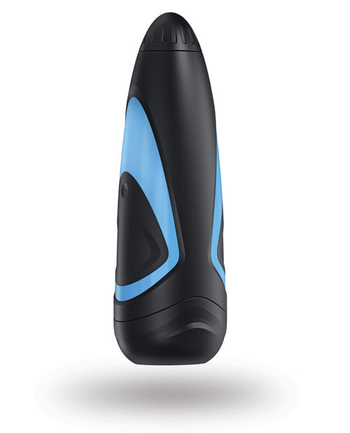 The Satisfyer Men Masturbator shown with the lid on. It looks like a black and blue torpedo and pretty discreet | Kinkly