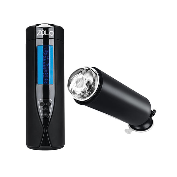 The ZOLO Tornado shown from the front and then shown from the side with the suction cup base providing hands-free usage of the stroker. | Kinkly Shop