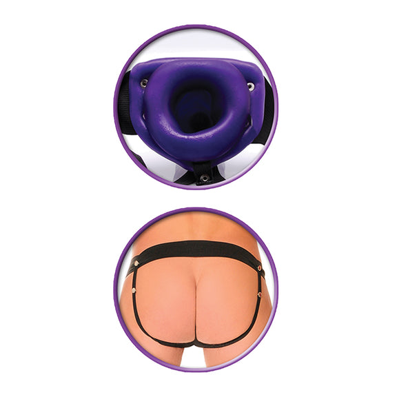 Collage of two images shows a close-up of the hollow interior of the Him or Her Hollow Strap On dildo as well as the back view of what the harness looks like when it's worn. The harness is a jock-strap style harness. | Kinkly Shop