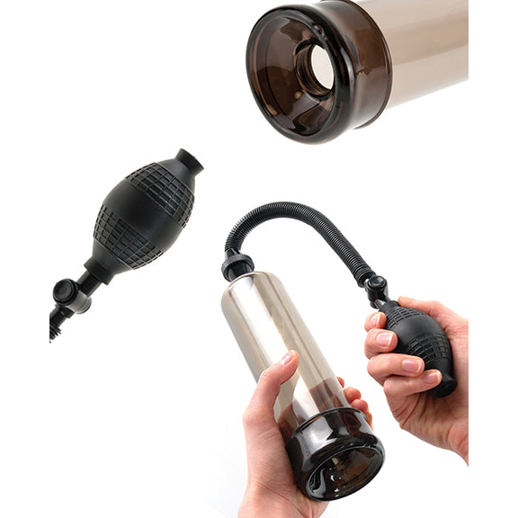 Collage of three images showcasing features of the Pump Worx Beginner's Power Pump. It even includes a person's two hands holding the penis pump. | Kinkly Shop