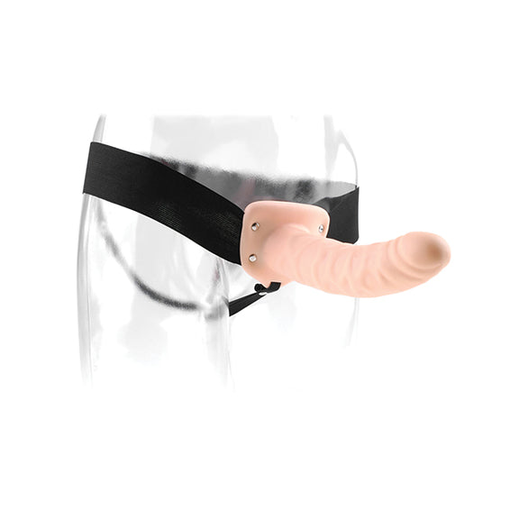 The 8" Hollow Strap On shown wrapped around the hips of a clear mannequn. The elastic bands around the hips are very wide with a jock-strap style under-the-butt-cheeks design. | Kinkly Shop