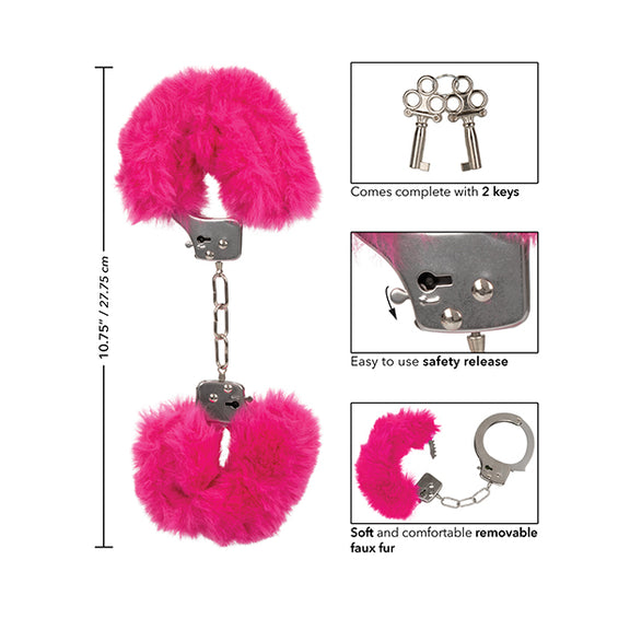 Collage of images showcasing the functionality of the Ultra Fluffy Cuffs. Text on the image reads: Comes complete with 2 keys. Easy to use safety release tab. Soft and comfortable removable faux fur liners. | Kinkly Shop