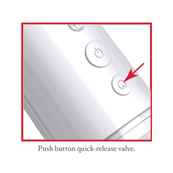 Close-up on the buttons on the Classix Auto Vacuum Power Pump, showcasing the push-button quick-release valve. | Kinkly Shop