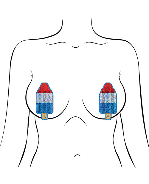 Outline of a person's chest showing the size of the Pastease Bomb Pop pasties on the person's chest | Kinkly