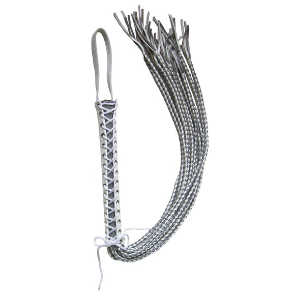 Backside of the handle of the Leather Corset Flogger showcases the corset-style lace-up design. | Kinkly