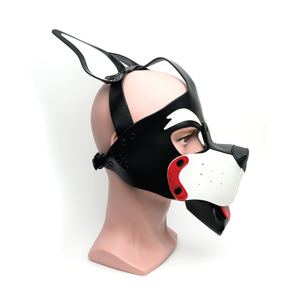 Side profile of the 665 Playful Pup Hood. The hood has an over-the-head, unadjustable strap and a behind-the-head adjustable strap. | Kinkly Shop