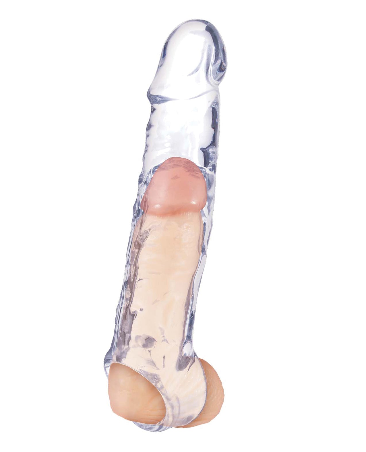 A dildo shown inside of the Magic Penis Extender & Ball Strap, showcasing how see-through the extender is and how it works to extend the biological length. | Kinkly