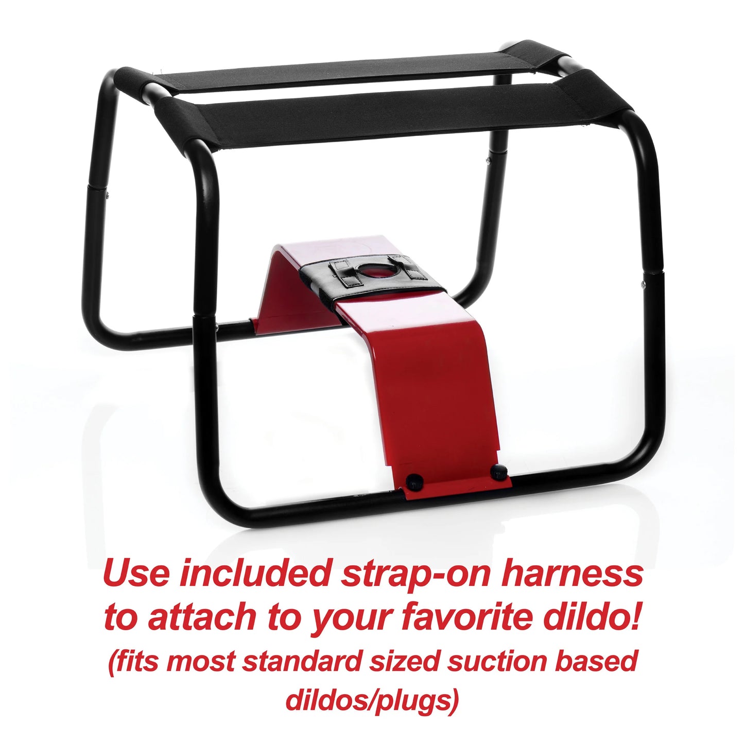 The 4-in-1 Bangin' Bench with Sex Machine shown with the elastic straps and the dildo riser attached to its frame. Text on the image reads: "Use included strap-on harness to attach your favorite dildo. Fits most standard sized suction base dildos and plugs. | Kinkly Shop