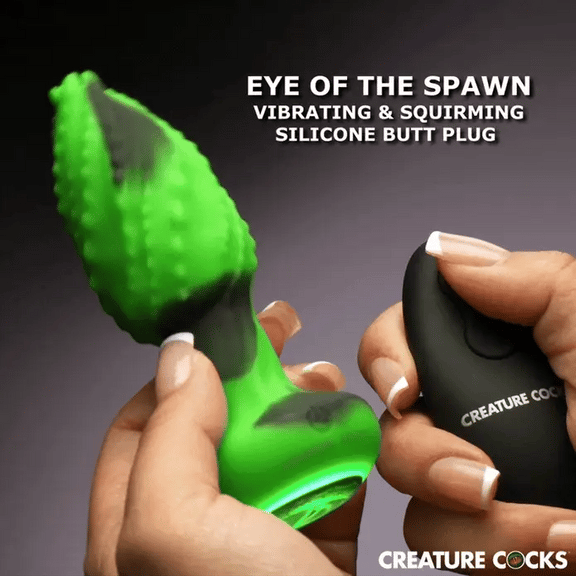 GIF showcases the rotating design of the Creature Cocks Eye of the Spawn. The entire insertable bulb of the plug rotates in circles once the plug is inserted. | Kinkly