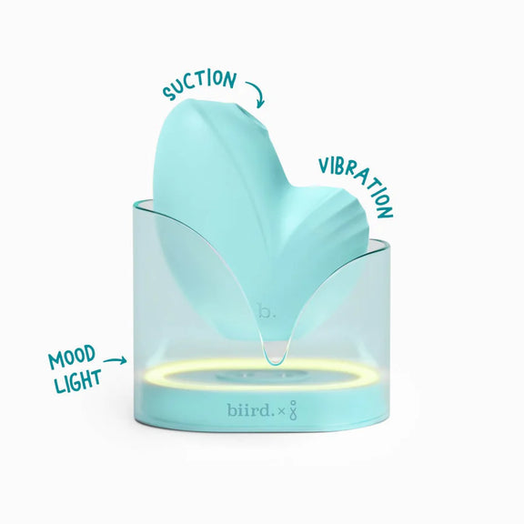 The Biird Namii shown in its charging base. Arrows point out the mood light base, the air suction hole, and the vibration hump. | Kinkly Shop