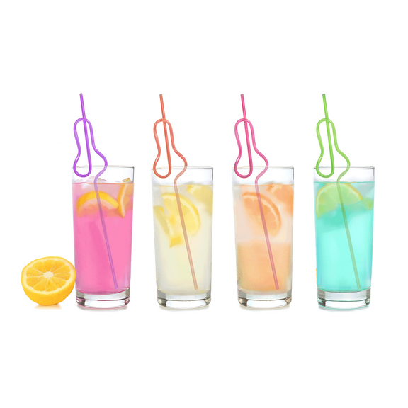 Four of the Glitterati Silly Penis Straws slid inside of colorful, fun, playful-looking drinks. They are silly straws that are unbendable but are already in the shape of a penis. | Kinkly Shop