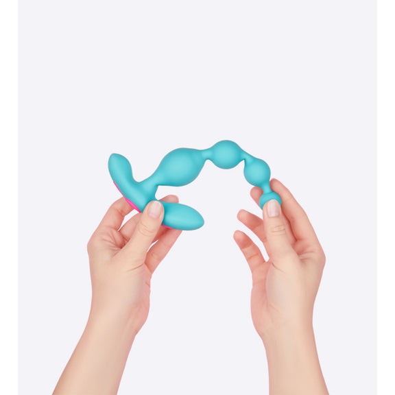 Two hands hold opposite ends of the FemmeFunn Funn Beads. They bend the beads, showcasing how the space in-between each bead has a bit of flexibility to "bend" to it. | Kinkly Shop