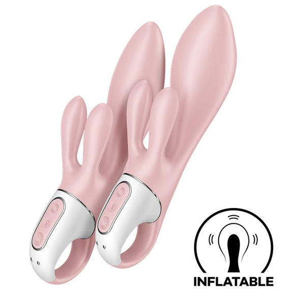 Two Satisfyer Air Pump Bunny 3 vibrators shown next to one another. The one on the left is fully deflated. The one on the right is fully inflated. Icon and text on the image reads "Inflatable" | kinkly Shop