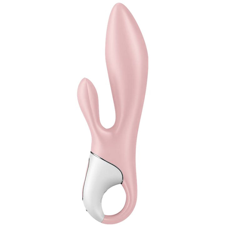 Side view of the Satisfyer Air Pump Bunny 3 showcasing the clitoral arm, thick insertable shaft, and looped handle at the base. | Kinkly Shop