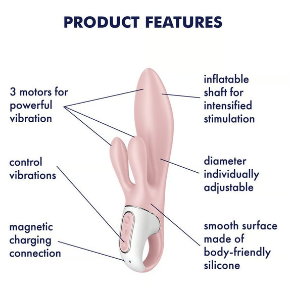 The Satisfyer Air Pump Bunny 3 with a text list of features shown around it. Text reads: "3 motors for powerful vibration. control vibraitons with buttons. magnetic charging connection. inflatable shaft for intens stimulation. diameter individually adjustable. smooth surface made of body-friendly silicone" | Kinkly Shop