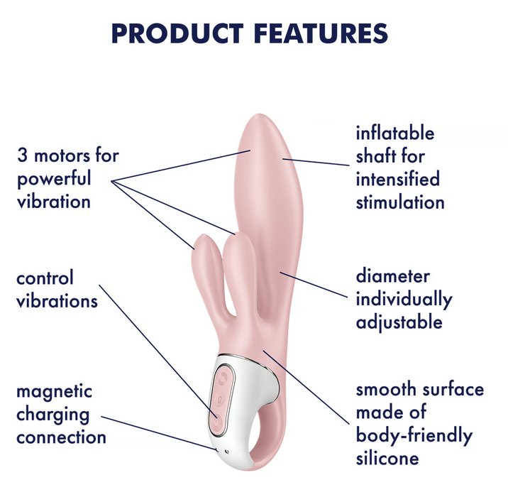 The Satisfyer Air Pump Bunny 3 with a text list of features shown around it. Text reads: "3 motors for powerful vibration. control vibraitons with buttons. magnetic charging connection. inflatable shaft for intens stimulation. diameter individually adjustable. smooth surface made of body-friendly silicone" | Kinkly Shop