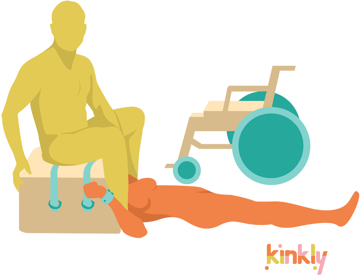 A person sits on the XR Brands Queening Chair while their partner lays underneath the queening chair. Someone's wheelchair is in the background. Either person could use the Queening Chair while still being wheelchair bound. From the angle the person sitting on top of the Queening chair sitting, it looks like they are being rimmed. | Kinkly Shop