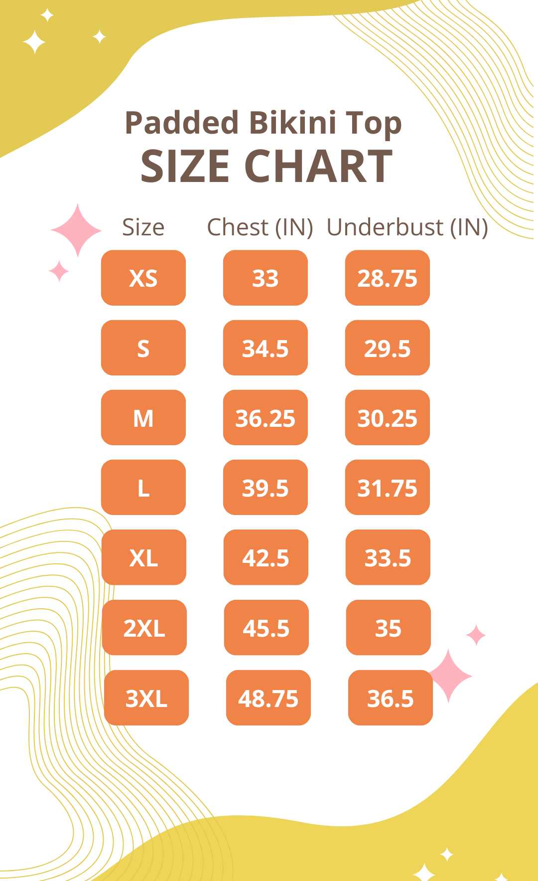 Size chart for the Sex.com - Recycled padded bikini top. All measurements are in the product description text itself. | Kinkly Shop