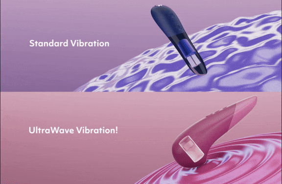 GIF shows a standard bullet vibrator next to the Womanizer Vibe. Standard vibration makes lots of ripples on the surface of water. The UltraWave Vibration of the Womanizer Vibe has softer, gentler ripples compared to the chaos of the traditional vibrator. | Kinkly Shop