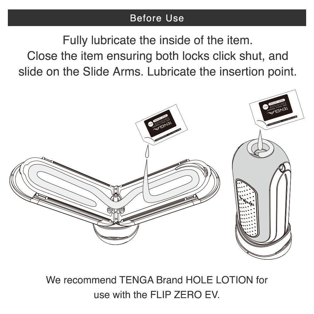 Outline of the TENGA Flip Zero Vibrating with instructions on how to use it. Text reads: Before use. fully lubricate the inside of the item. Close the item, ensuring both locks click shut, and slide on the slide arms. Lubricate the insertion point. | Kinkly