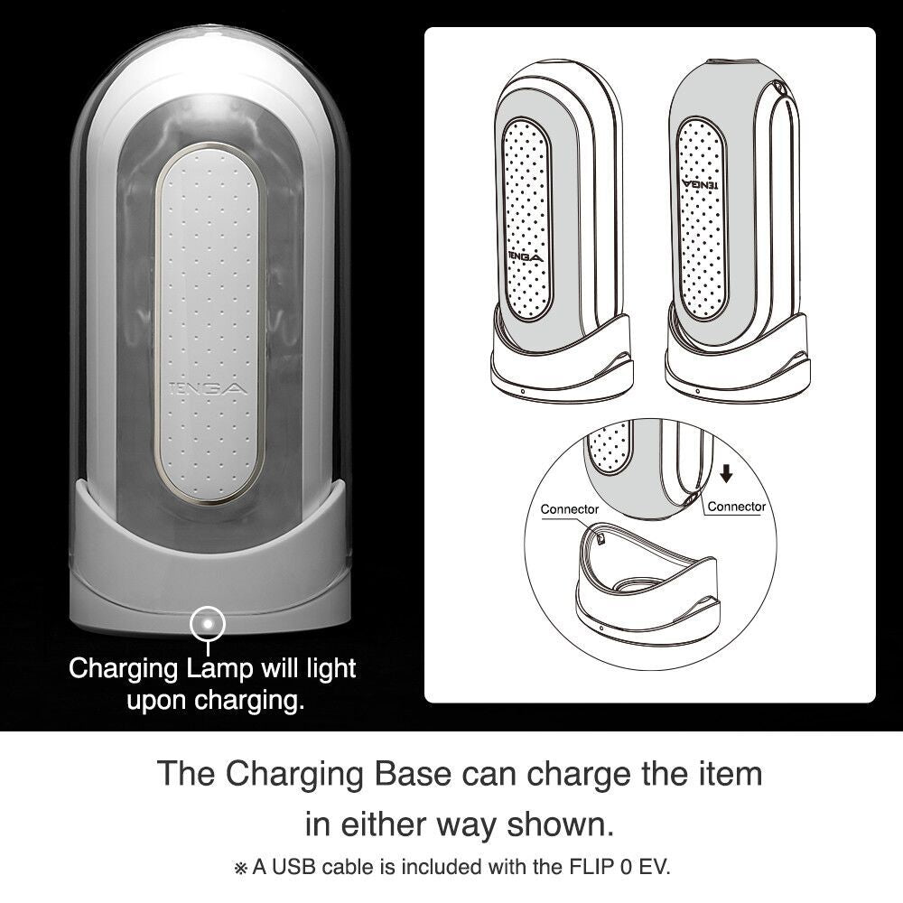 The TENGA Flip Zero Vibrating shown on its charging base, showcasing how the rechargeble toy charges. Text reads: Charging lamp will light upon charging. The charging base can charge the item in either way shown. USB cable is included. | Kinkly