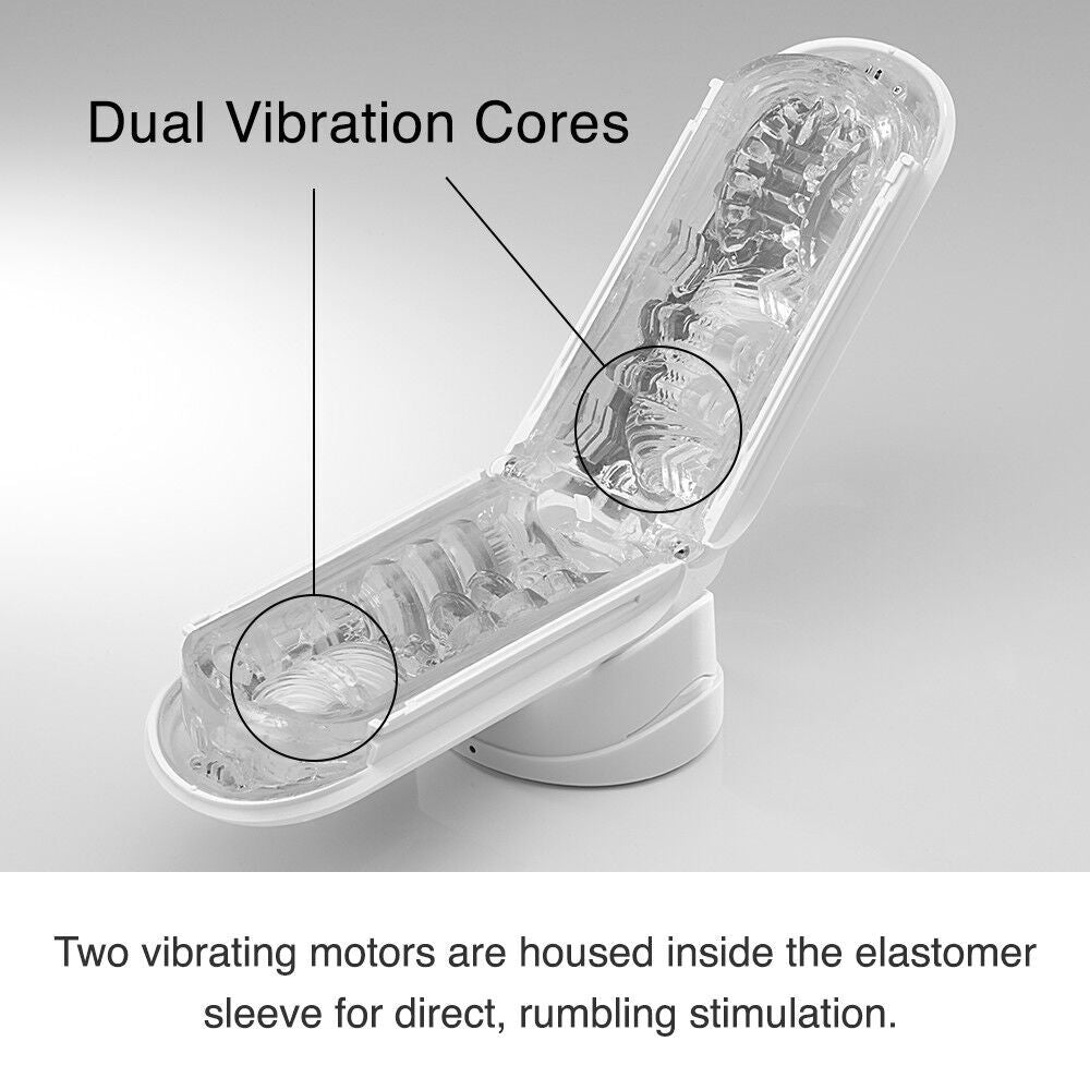 The TENGA Flip Zero Vibrating shown flipped open, showcasing the texture inside of the stroker. The text on the image reads: Dual vibration cores. Two vibrating motors are housed inside the TPE sleeve for direct, rumbling stimulation. | Kinkly