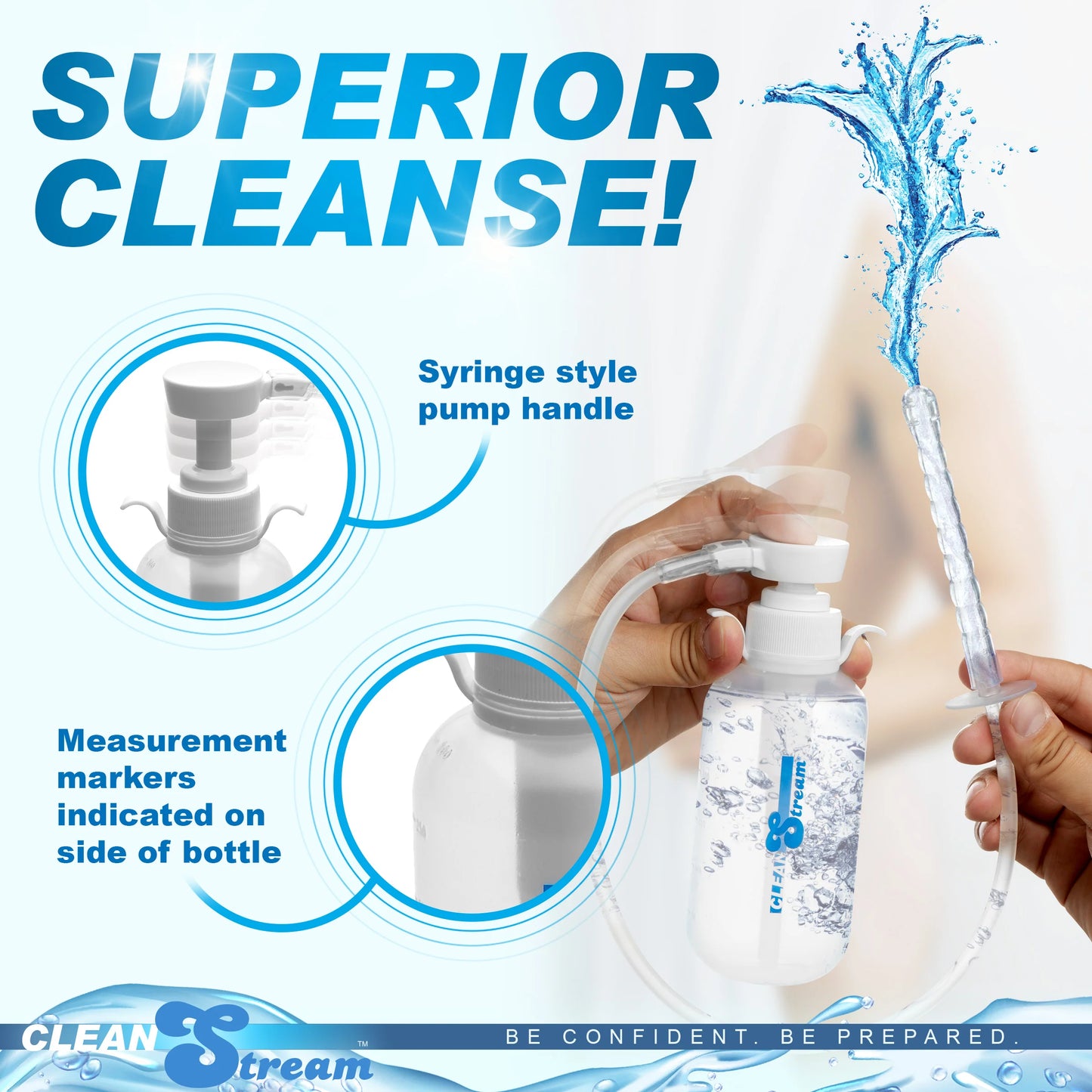 The CleanStream Pump Action Enema Bottle shown squirting liquid out the top of the tip. Text reads: "Superior cleanse. Syringe style pump handle. Measurement markers indicated on the side of the bottle." | Kinkly Shop