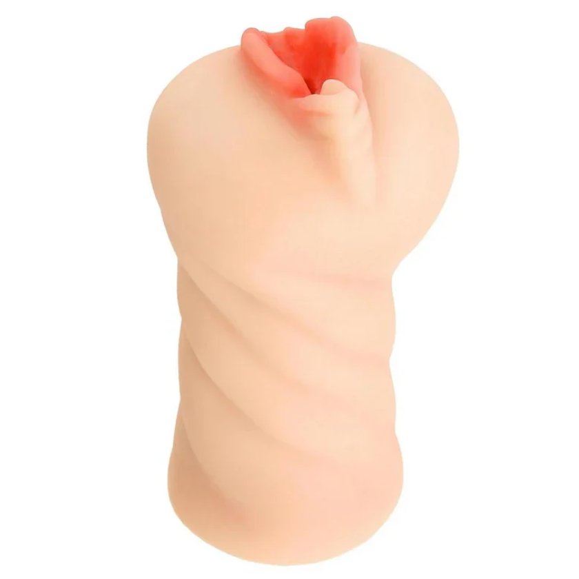 The Adriana Chechik Pussy sitting vertically. The length of the stroker has a swirl through it to add texture to make it easier to grip. | Kinkly Shop