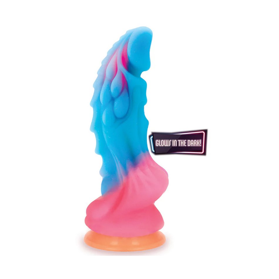 The Alien Nation Glow Dragon in front of a plain white background. An icon says "Glows in the dark" | Kinkly Shop