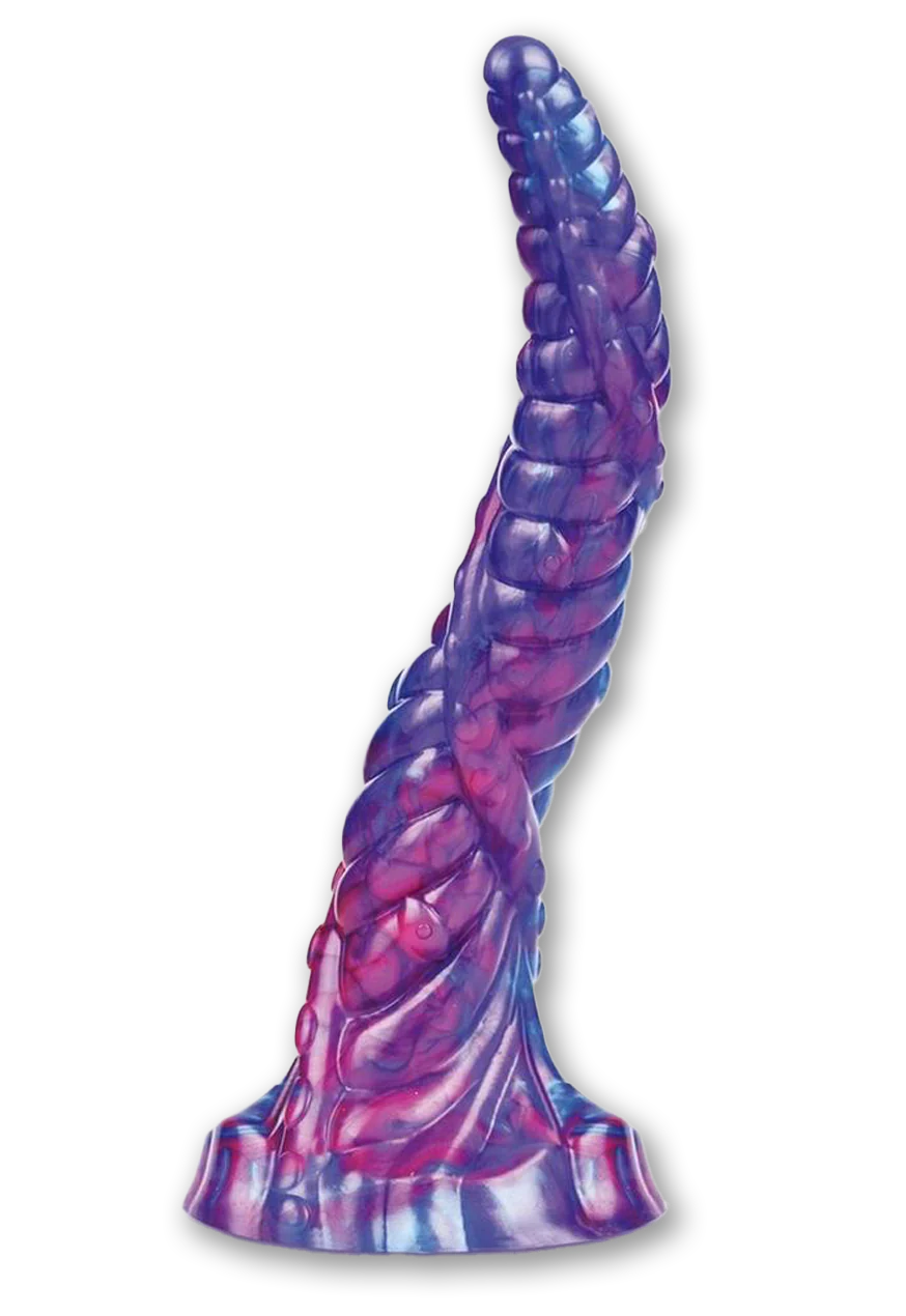 The Alien Nation Serpentine in front of a plain white background. The dildo is very long and ribbed. | Kinkly Shop