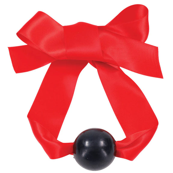 Close-up of the Sportsheets Amor Satin Ball Gag with a bow tied in the ribbon to showcase how it ties around the head. | Kinkly Shop