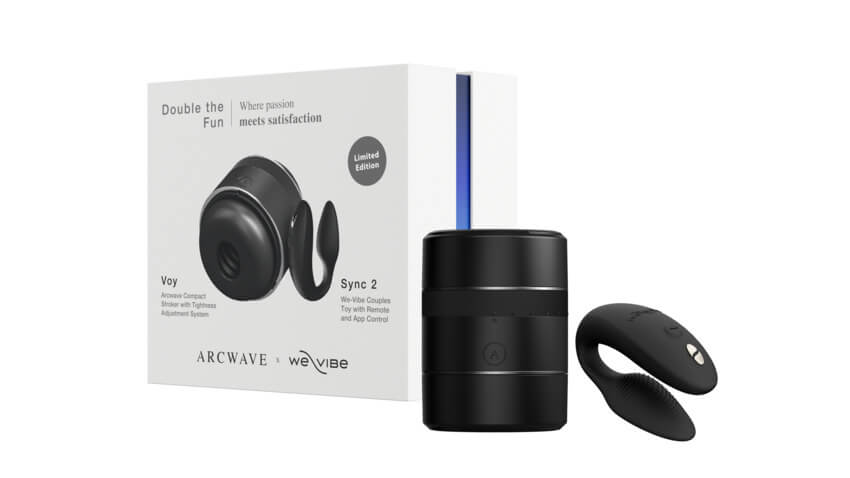 The Arcwave Voy and We-Vibe Sync 2 resting out next to the packaging for the entire Arcwave Double the Fun kit | Kinkly Shop