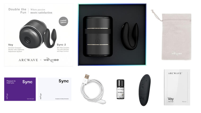 Everything that comes in the Arcwave Double the Fun kit. This includes the Arcwave Voy itself, the We-Vibe Sync 2, a storage pouch for the We-Vibe 2, the remote control for the Sync 2, the charging cable for the We-Vibe Sync 2, the Arcwave Voy instruction manual, the Sync instruction manual, and a sample-size lube bottle of Arcwave lube. | Kinkly Shop