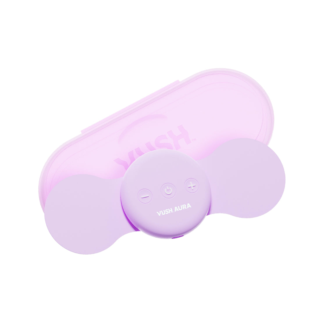 The VUSH Aura Wireless TENS Device shown in front of its portable, form-fitted storage case. The case is barely larger than the Aura itself, making for very space-saving portability. | Kinkly Shop