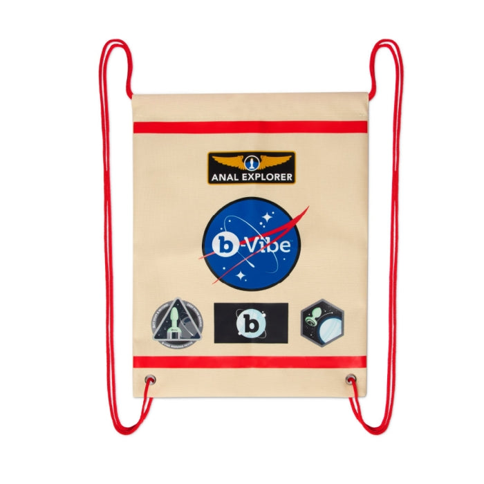 The drawstring themed bag that's included within the B-Vibe ASStronaut Set | Kinkly Shop