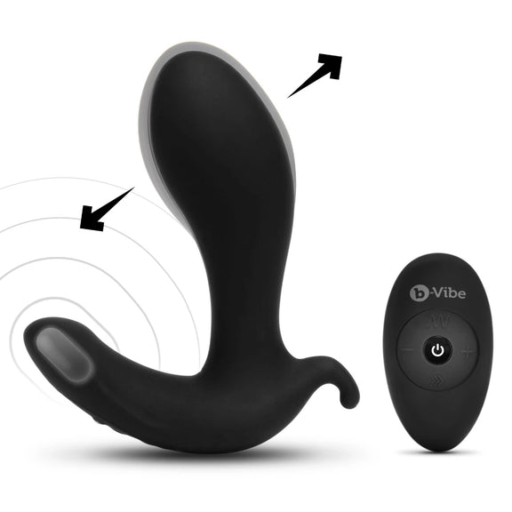 The b-Vibe Expand shown in front of a plain white background. The tip is shown inflating while the base vibrates. A nearby wireless remote control can control all of this functionality. | Kinkly