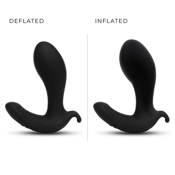 Two images of the b-Vibe Expand, side-by-side. One shows the toy fully inflated while the other shows it fully deflated. | Kinkly