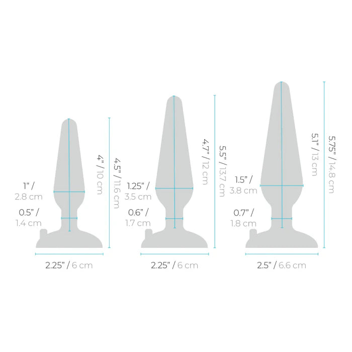 Outlines of each one of the plugs in the b-Vibe Anal Training 3-Piece Kit. All of the measurements are listed next to the outlines of each one of the toys. | Kinkly