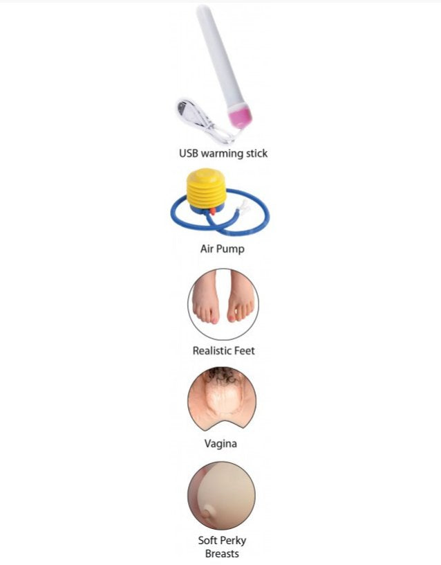 Collage of images showcasing features and items of the Fuck Friends Inflatable Doll - Bambi including a USB warming stick, air pump, realistic feet, vagina, and soft perky breasts. | Kinkly Shop