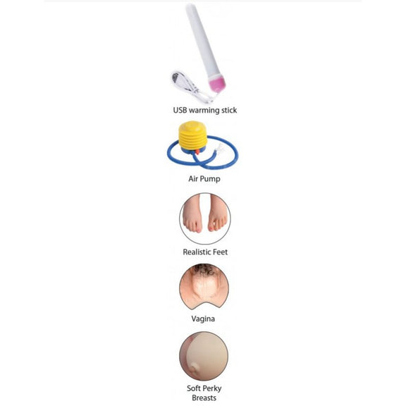 Collage of images showcases features and accessories for the Fuck Friends Inflatable Doll - Titanya including a USB warming stick, air pump, realistic feet, vagina, and soft perky breasts. | Kinkly Shop