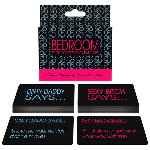 Packaging of the Bedroom Commands with examples of the two decks of cards included within the Bedroom Commands | Kinkly Shop