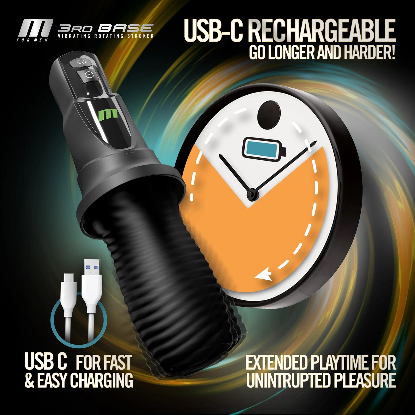 The 3rd Base shown next to a clock. Text on the image reads: USB-C rechargeable for fast and easy charging. Extended playtime for uninterrupted pleasure. | Kinkly Shop