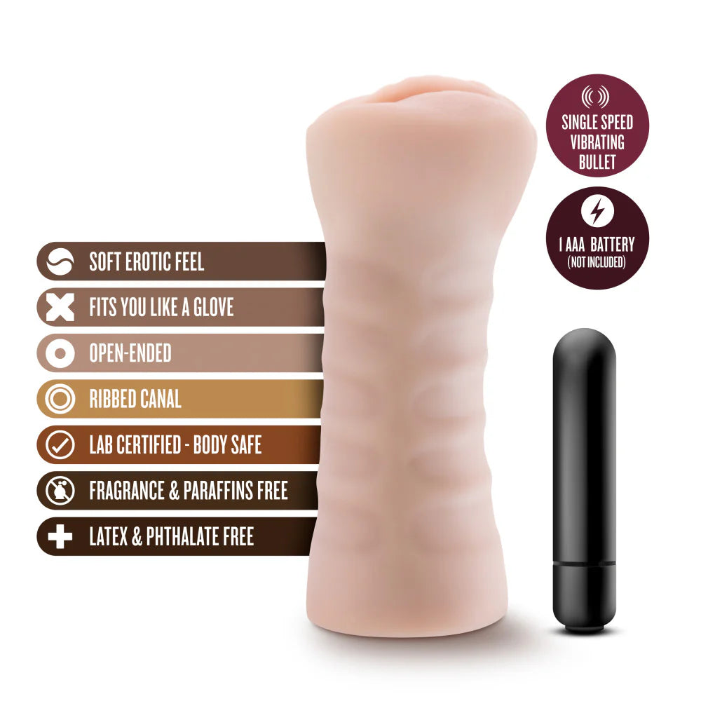 The Blush Ashley shown next to a text list of features. Text reads: Single speed vibrating bullet, 1 AAA battery (not included), soft erotic feel, fits you like a glove, open-ended, ribbed canal, lab certified body-safe, fragrance and paraffin free, latex and phthalate free | Kinkly