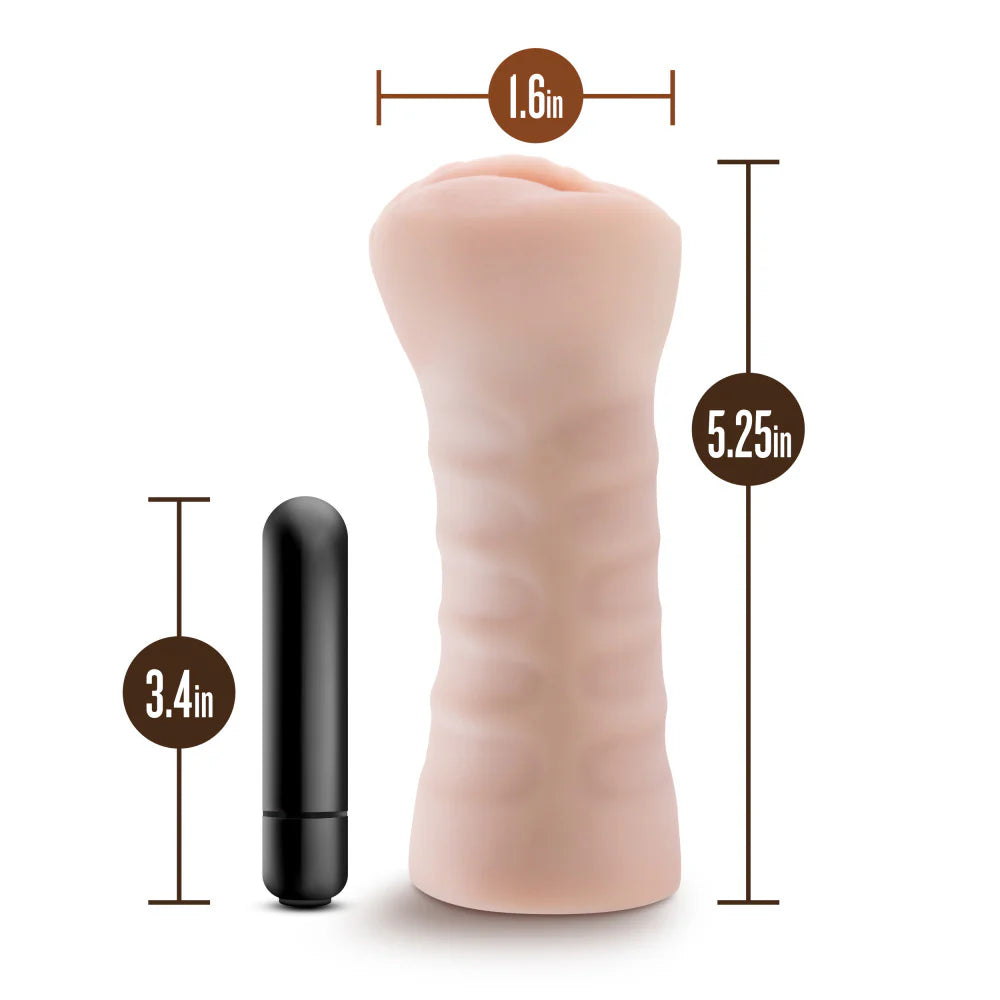 The Blush Ashley with measurements shown overtop of it. The stroker is 5.25" in length with a width of 1.6". The bullet vibrator is 3.4" in length. | Kinkly
