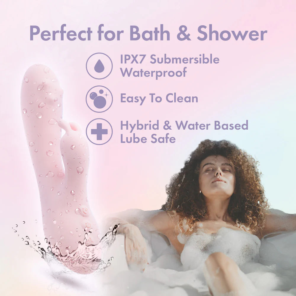 A person lounges in a bath next to an image of the Blush Fairy Flutter. Text reads: Perfect for bath and shower. IPX7 submersible waterproof. Easy to clean. Hybrid and water-based lube safe. | Kinkly