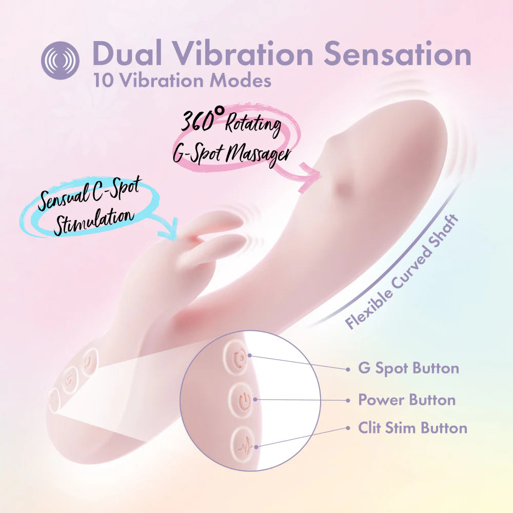 A feature image that shows the g-spot massage bead in the insertable shaft. Text on the image reads: Dual vibration sensation. 10 vibration modes. 360-degree rotating g-spot massage. sensual c-spot stimulation. Flexible curved shaft. G-Spot button. Power button. Clit stim button. | Kinkly