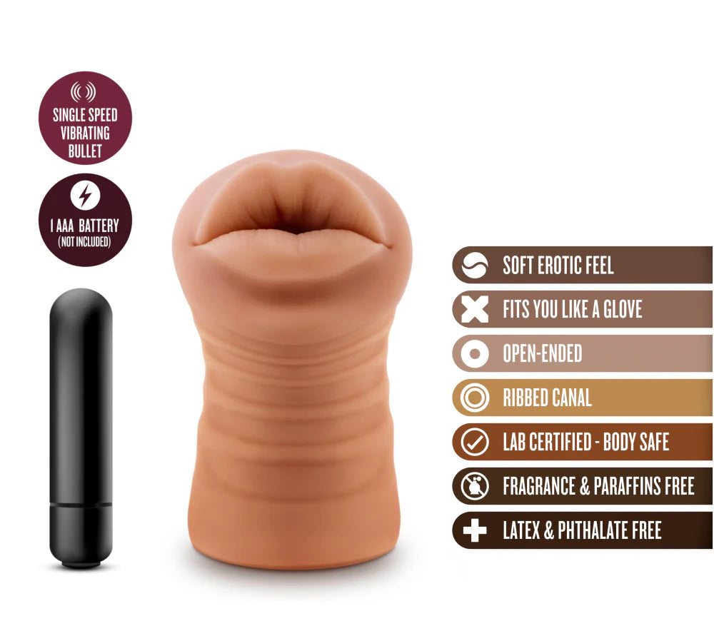 The Isabella Mocha with Vibrator shown next to a text list of features for it. Text reads: Single speed vibrating bullet that requires 1AAA battery (not included). Soft erotic feel. Fits you like a glove. Open-ended. Ribbed canal. Body-safe. Fragrance and paraffins free. Latex and phthalate free." | Kinkly Shop