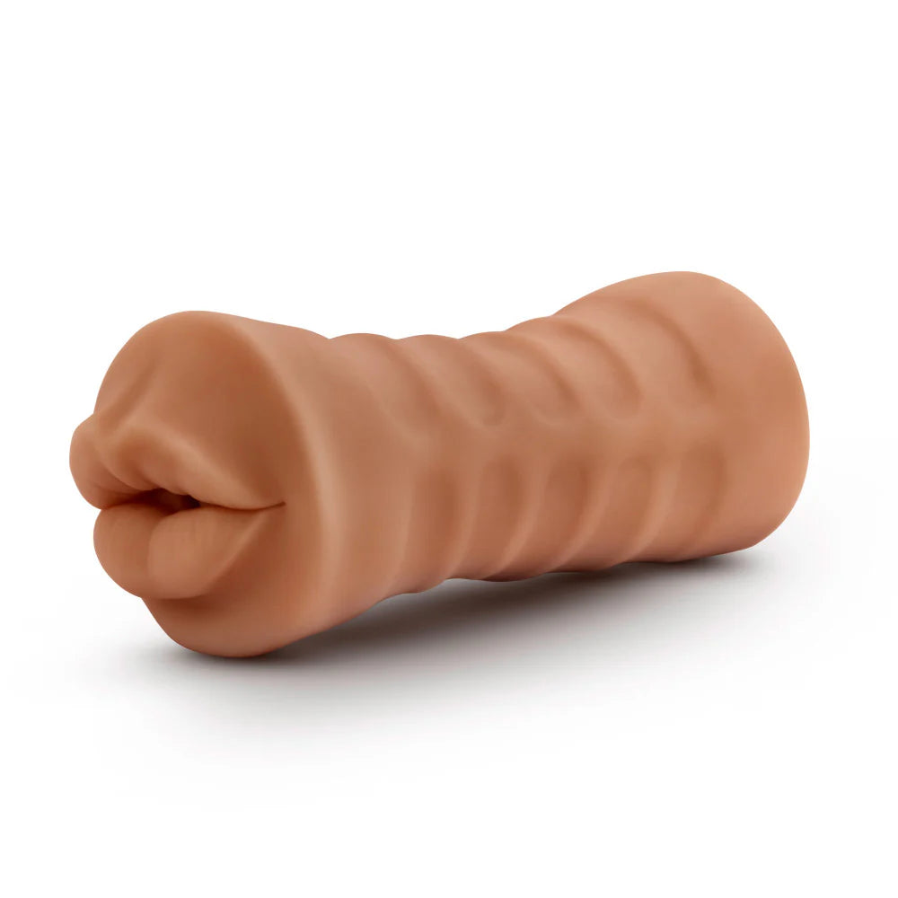 View of the Isabella Mocha with Vibrator from the side. The stroker has an interesting ribbed texture on it designed to make it easier to hold. | Kinkly Shop